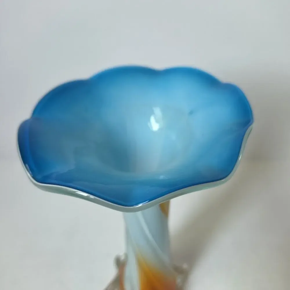 Vtg Murano Style Jack in the Pulpit Orange Blue White Ribbed Art Glass Vase 9”
